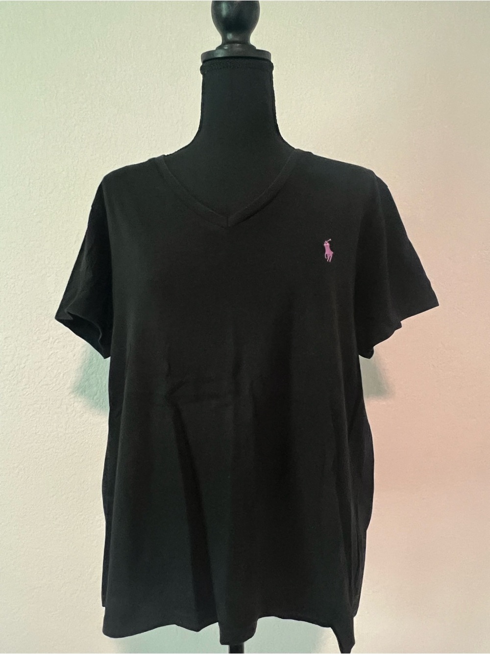 Ralph Lauren Black V-Neck Tee with Pink Polo Logo